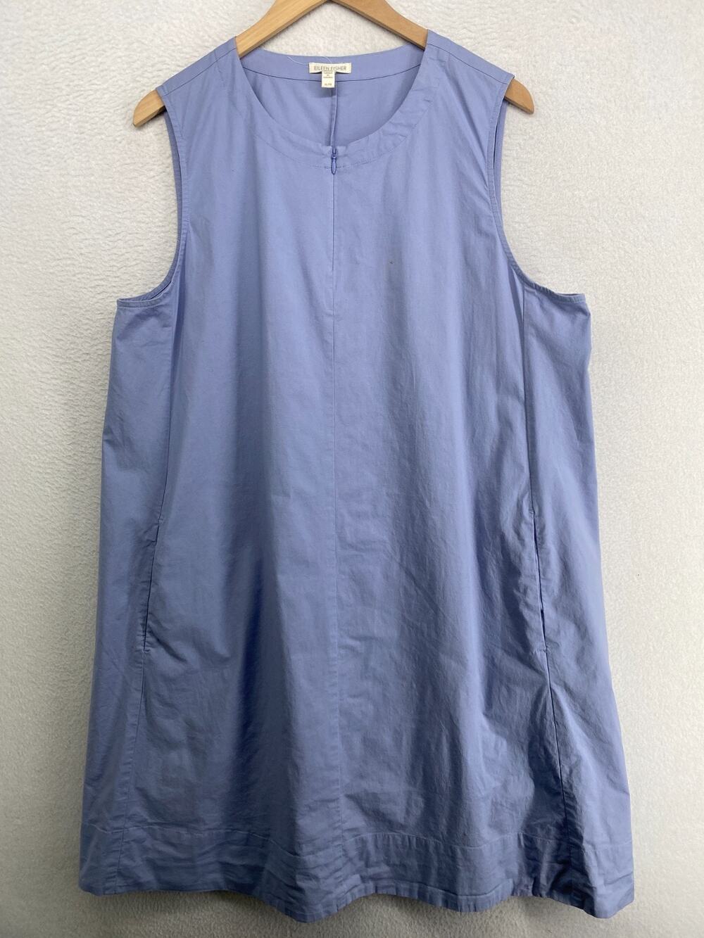 EILEEN FISHER Dress XL Cotton Stretch Canvas Zip Up Shift Sleeveless Blue